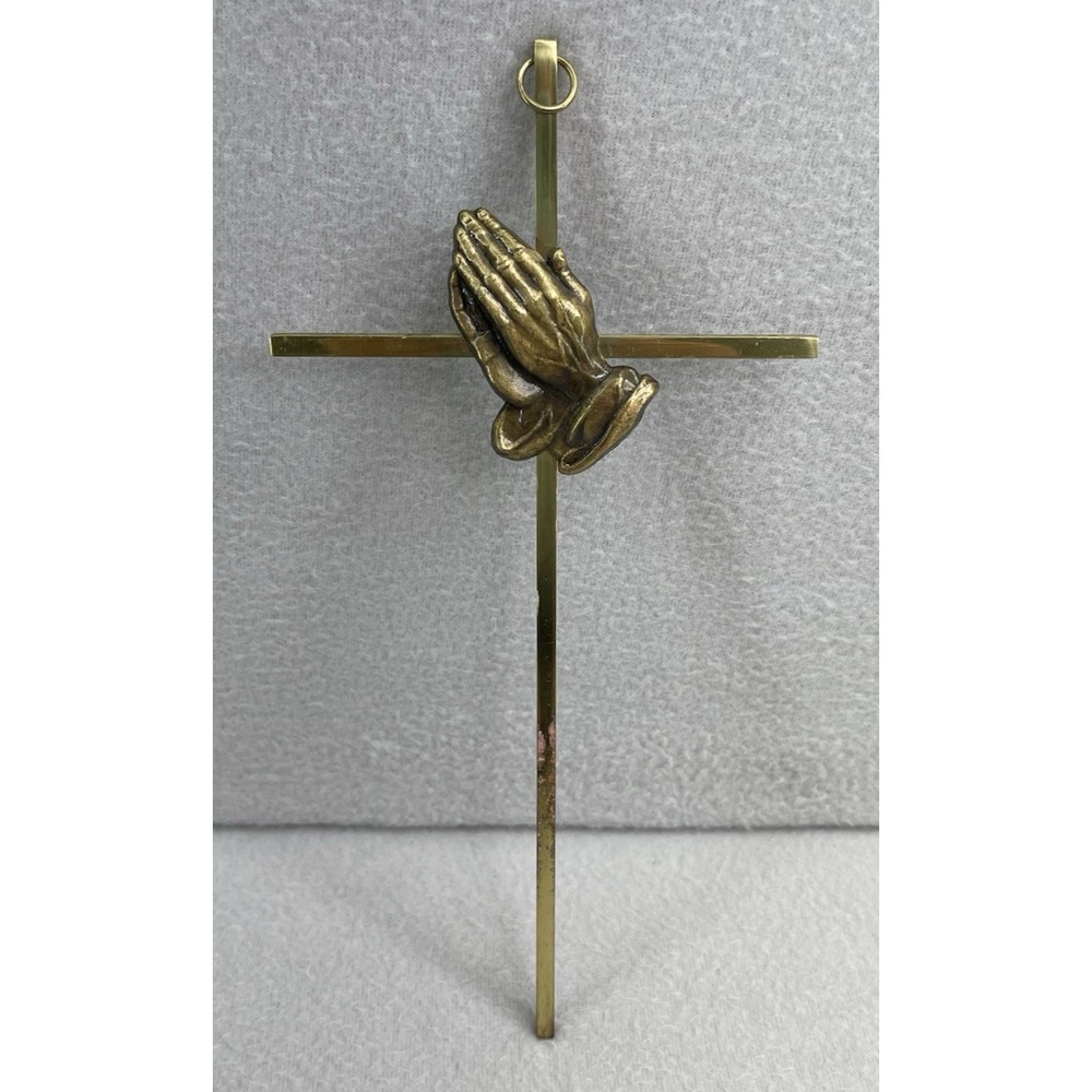 VTG Brass Crucifix Wall Cross 9.5" w/ Praying Hands Religious Catholic Decor